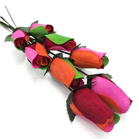 Rainbow Wooden Closed Rose Bud cluster featuring vibrant pink, orange, and green colors on a white background.