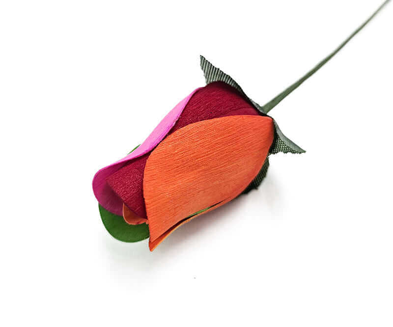 Rainbow Wooden Closed Rose Bud displayed with vibrant colors and elegant craftsmanship. Perfect for gifts and decorations.