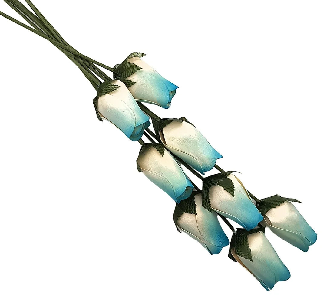 Wooden Closed Bud Rose #59 - White with Light Blue Tips, a bundle of elegant wooden roses for décor and gifts.